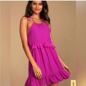 Pinch by Lulus Ruffled Tiered Flowy Magenta Adjustable Tie Strap Mini Dress